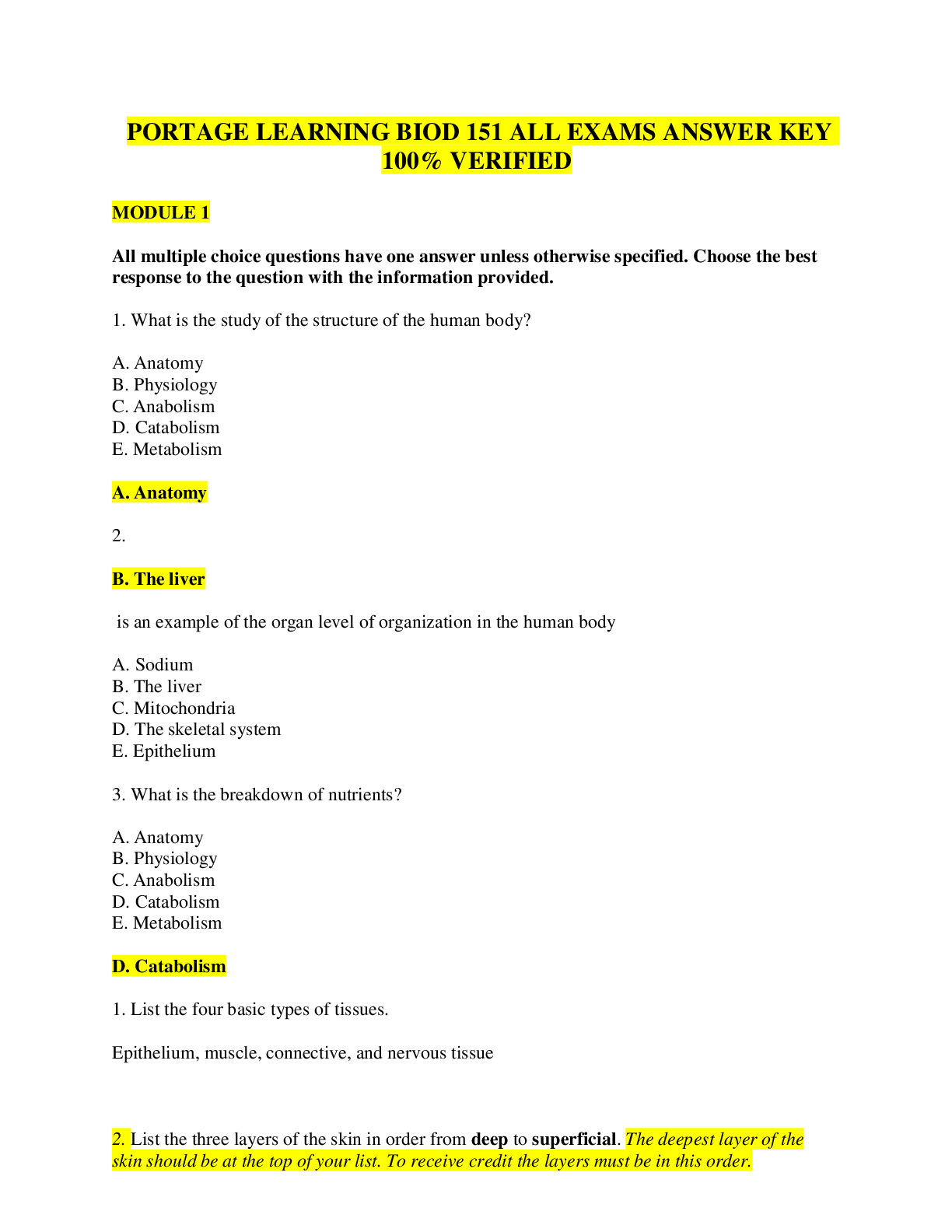 Preview of PORTAGE LEARNING BIOD 151 ALL EXAMS ANSWER KEY 100% VERIFIED